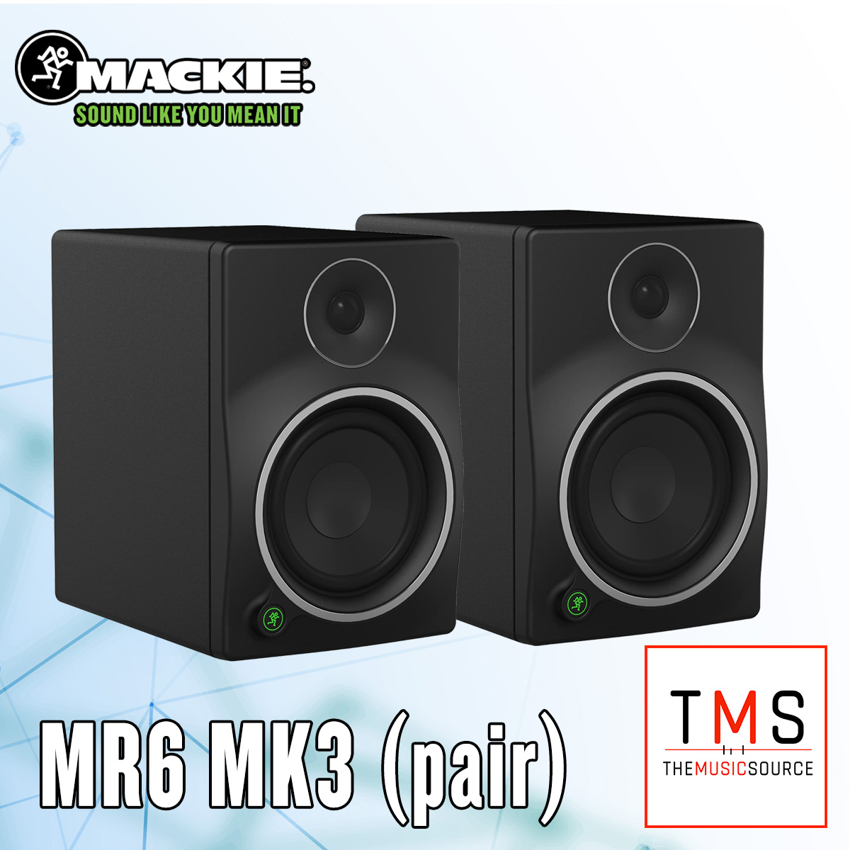 A pair of Mackie MR mk3 Series MR6mk3 6-Inch 2-Way Powered Studio Monitor 