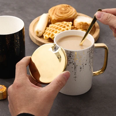 Nordic Ins Light Luxury Ceramic Mug Couple's Cups Gold-Painted Coffee Cup Large Capacity with Lid Spoon Student Cup