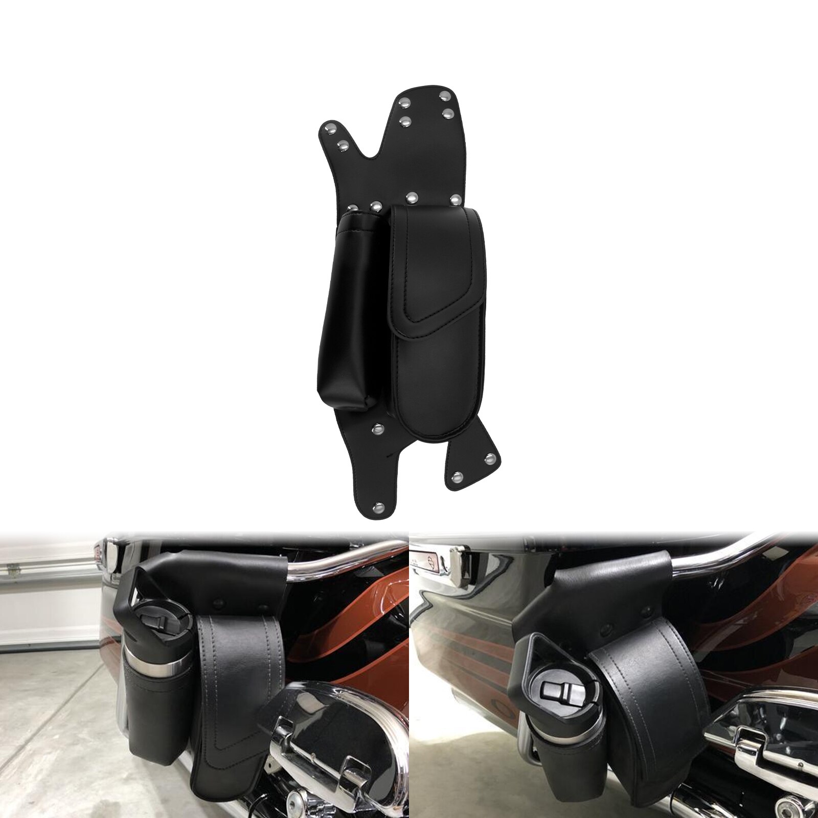 Mooreaxe Motorcycle Saddlebag Guard / Water Bottle Holder – Fits Harley Touring & Road Models (1.7L, Black Leather)
