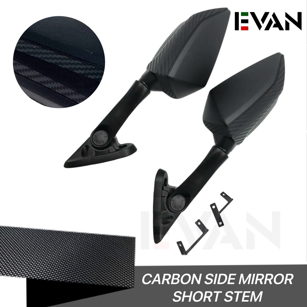 ( UPSCALE ) New Carbon Side Mirror Short And Long Stem White Glass For