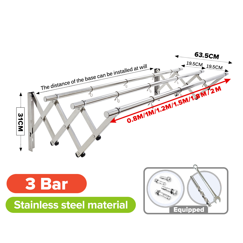 3 Bar/4 Bar 0.8M2M Retractable Cloth Hanger Stainless Steel Wall Mounted Clothes Drying Rack