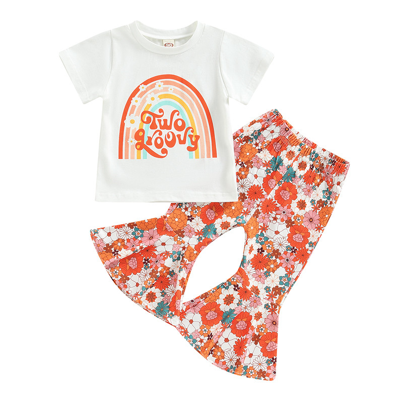 2Pcs Kids Girls Clothes Suits Letter Rainbow Print Short Sleeve Crew Neck  T-Shirts and Floral Print Flare Pants Set