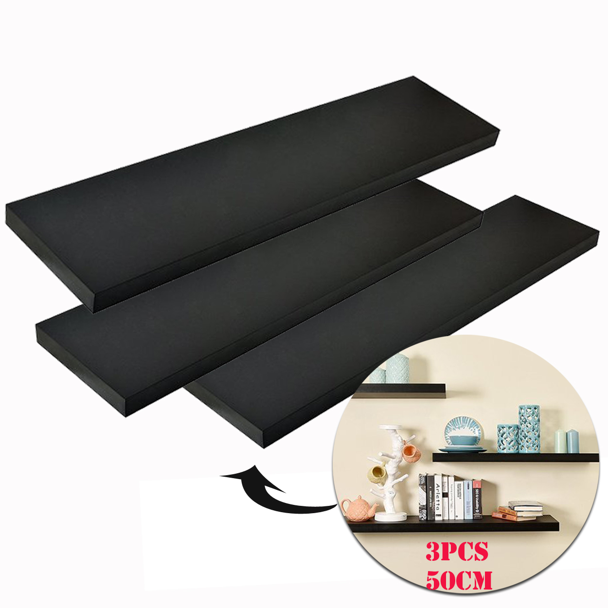 50CM FLATWOOD New Black Wood Wall Shelves for Living Room Bedroom