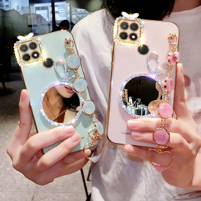 AnDyH Precise camera protection case For OPPO A15 A15S cases Bunny makeup mirror with gemstone bracelet