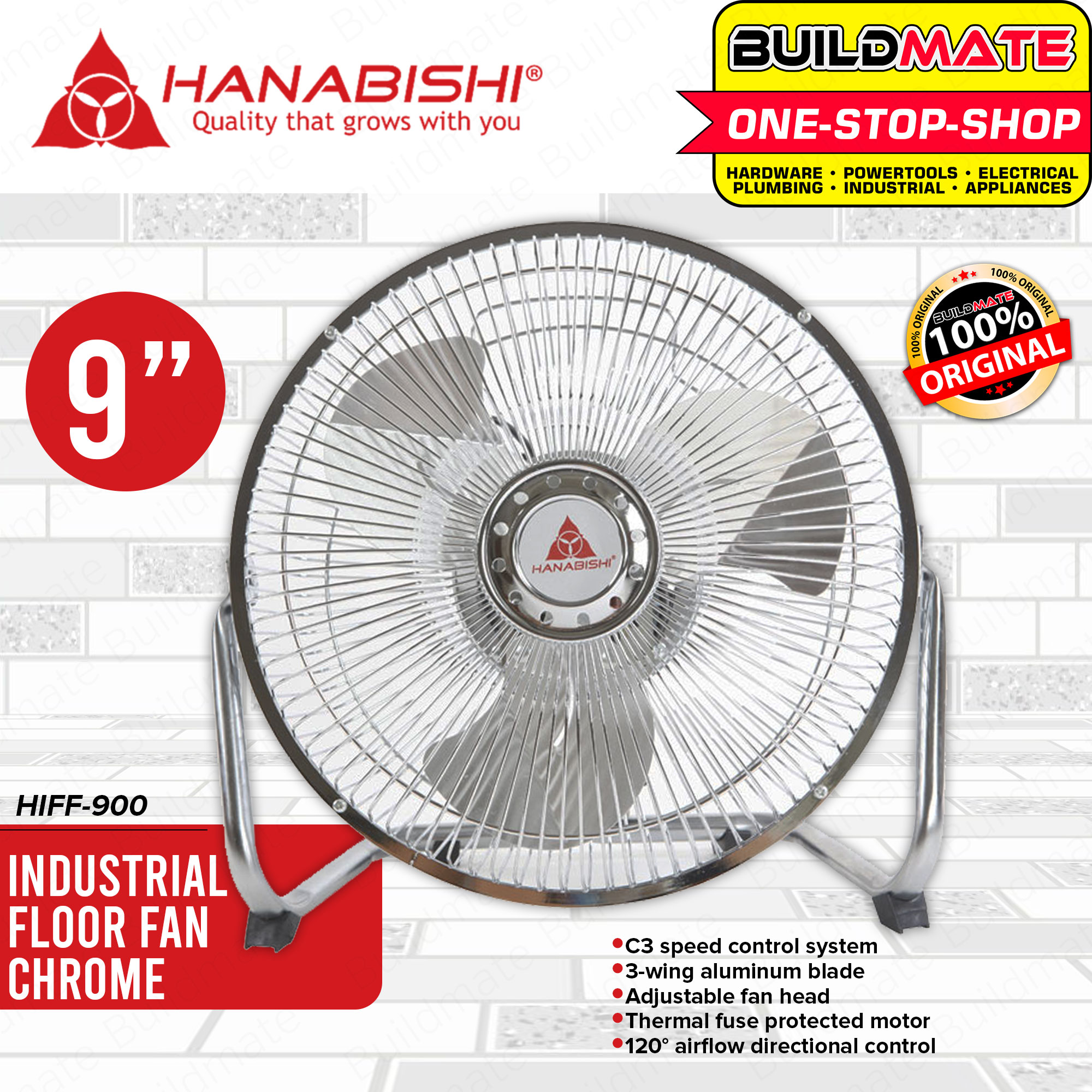 HANABISHI Industrial Floor Fan 9" Inch Chrome C3 Speed Control