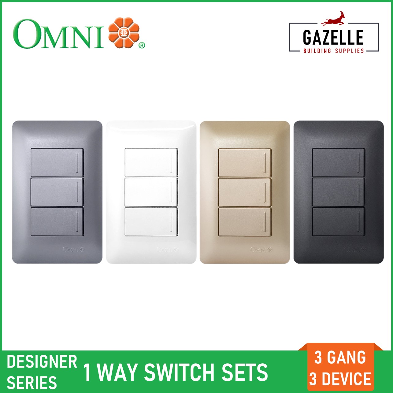 Omni Designer Series 1 Way Switch Set 16A 1 / 2 / 3 Gang Ivory