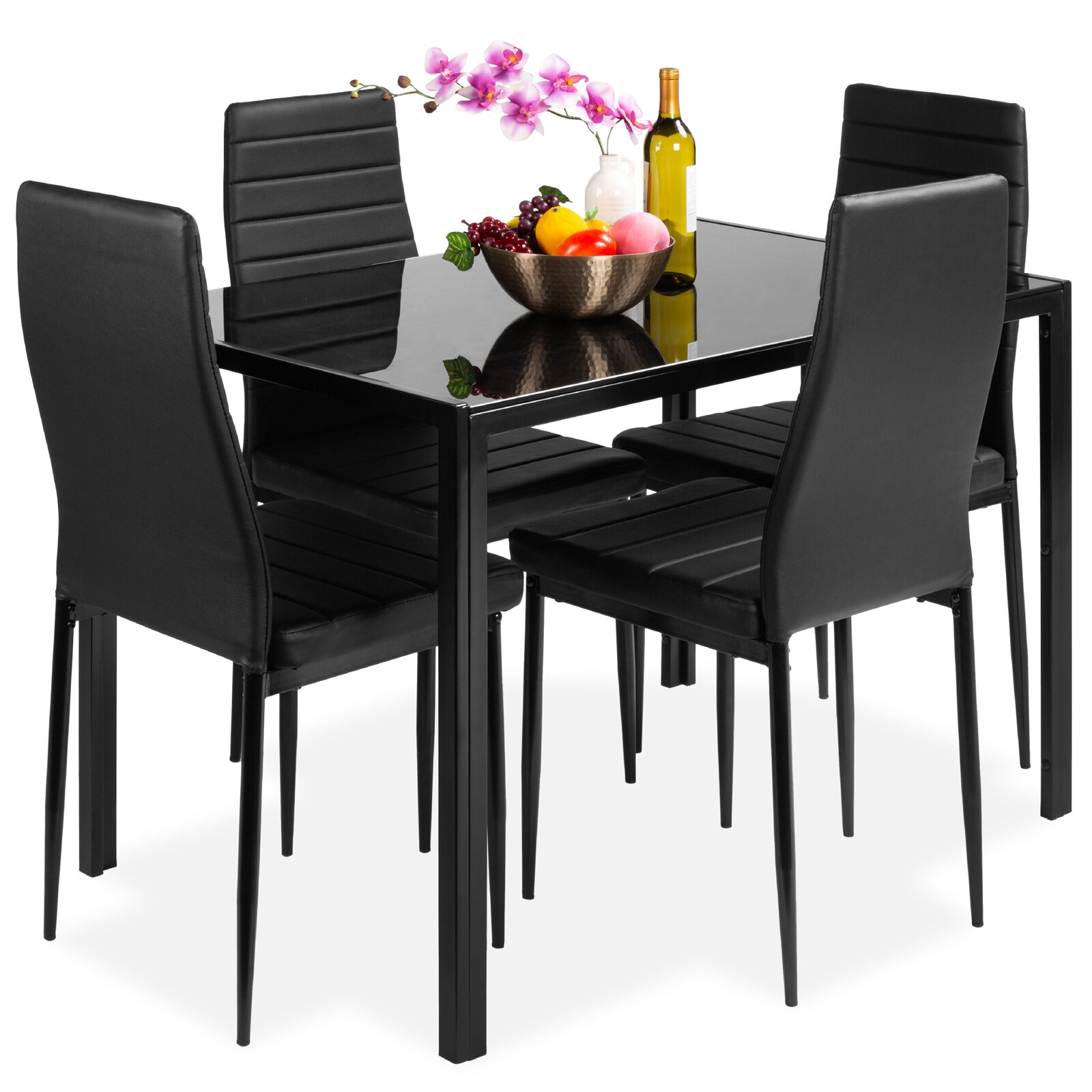 Modern Black Glass Dining Table With 4 Chairs Kitchen Room Dining Table