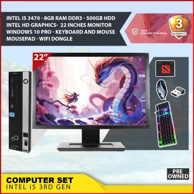 GAMING SET PACKAGE / COMPUTER SET PACKAGE / INTEL CORE i5 370 / 8GB RAM DDR3 / 500GB HDD / INTEL HD GRAPICS / 22 INCHES MONITOR / WINDOWS 10 PRO / KEYBOARD AND MOUSE / MOUSE PAD / WIFI DONGLE