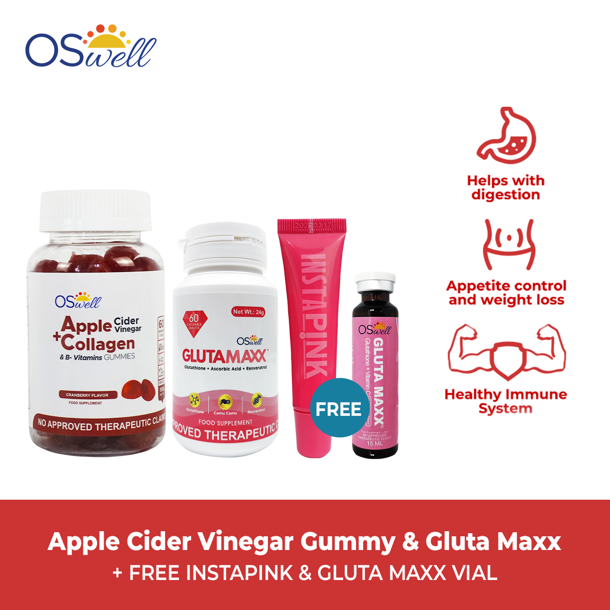 Oswell (ACV + GM + 1IP + 1 GMV) Apple Cider Vinegar+B Vitamins Gummies