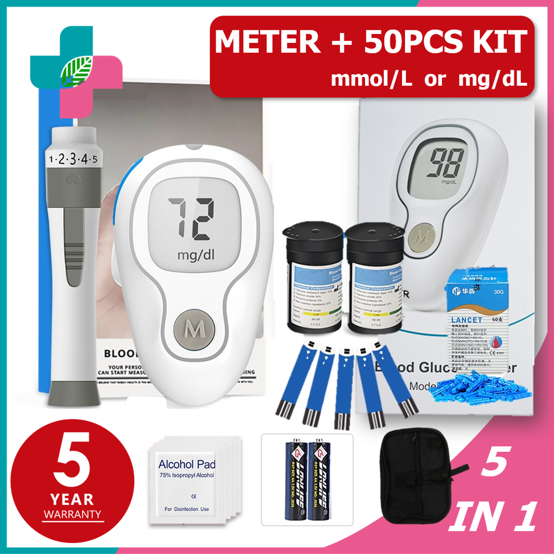【Manila】Original Blood Sugar Test Kit with 50pcs Test Strips 50pcs Lancets 50pcs Alcohol Swabs
