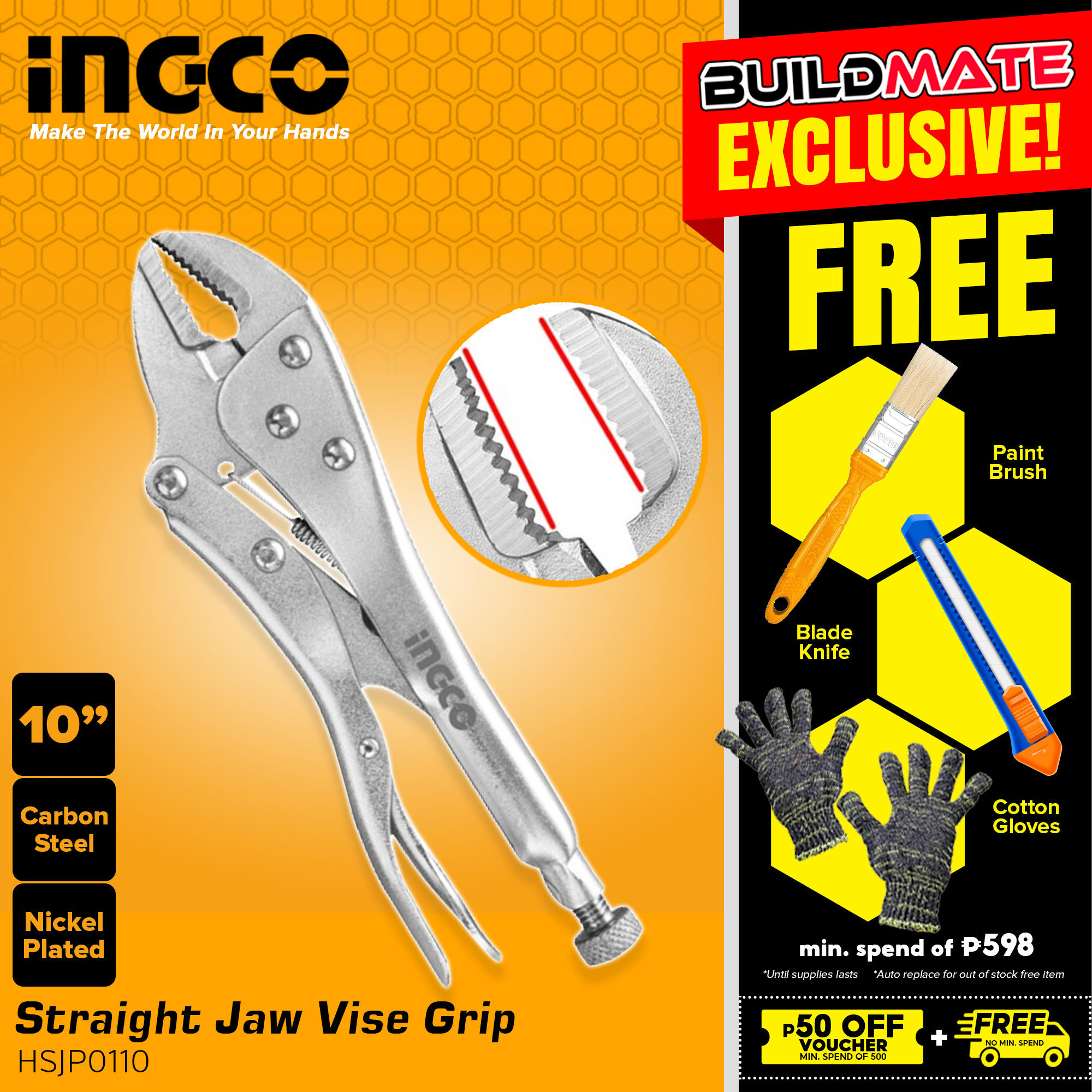 INGCO WADFOW Straight Jaw Plier 10" Inch Straight Jaw Vise Grip [SOLD