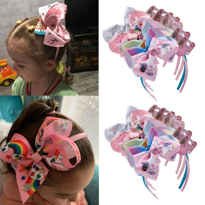 6Pcs/lot Jojo Siwa Hairband for Girls Unicorn Print Ribbon Hair Bows