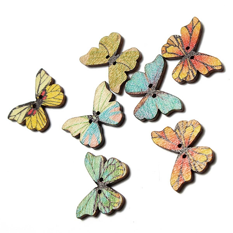 50pcs Butterfly Wooden Buttons - Mixed Colors, 2 Holes, 28mm For Sewing Crafts & DIY Projects