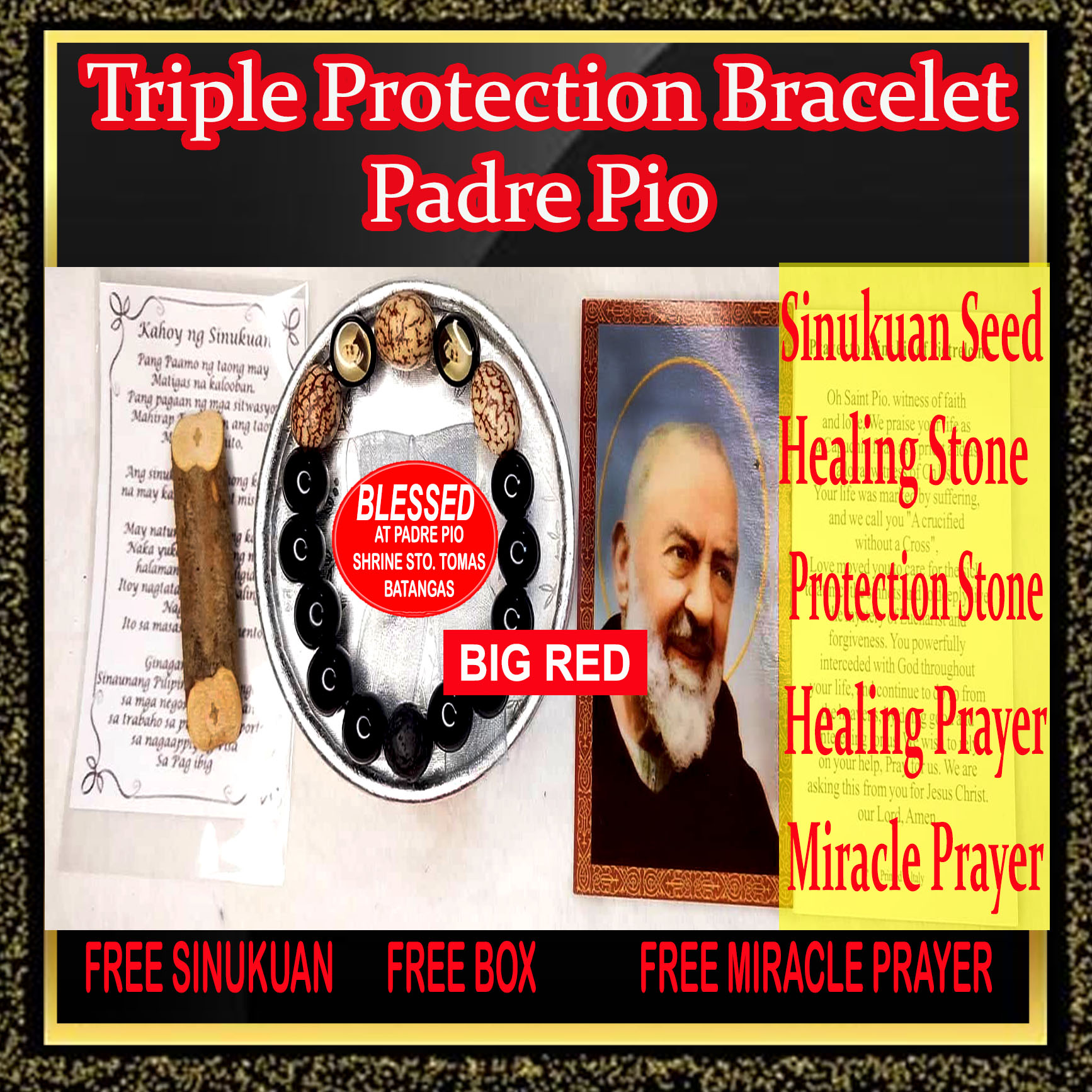 PADRE PIO TRIPLE PROTECTION AND HEALING BRACELET PROTECTION STONE ONYX