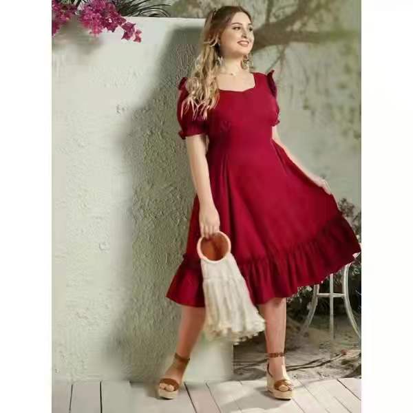 fashionhouse1 Plus size Solid color short sleeve Ruffle dress fit XL