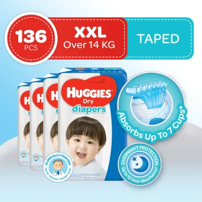 Huggies Dry XXL (15-25 kg) - 34 pcs x 4 packs (136 pcs) - Tape Diapers