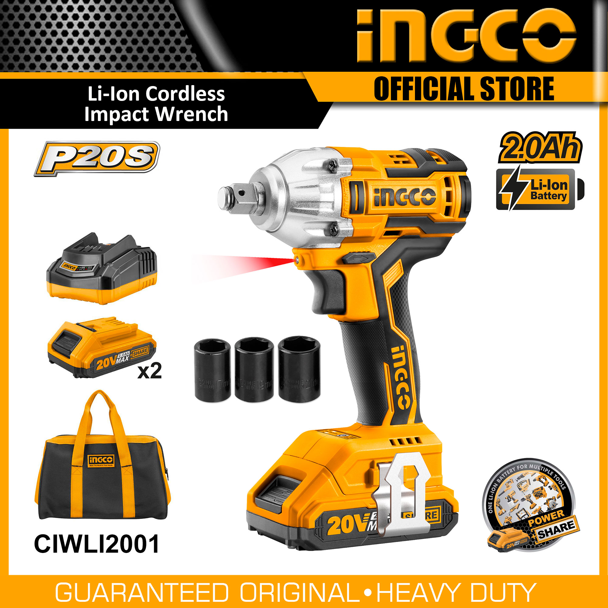 INGCO CIWLI2001 Lithium-Ion Cordless Impact Wrench Brushless Motor Car .