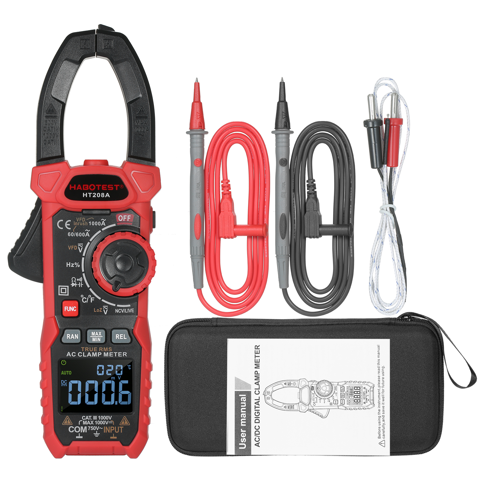 【Ready Stock】HABOTEST AC Digital Clamp Meter True-RMS Multimeter Anto-Ranging Multi Tester Current Clamp with Amp Volt Ohm Diode Capacitance Resistance Continuity NCV Temperature Duty Ratio VFD Tests