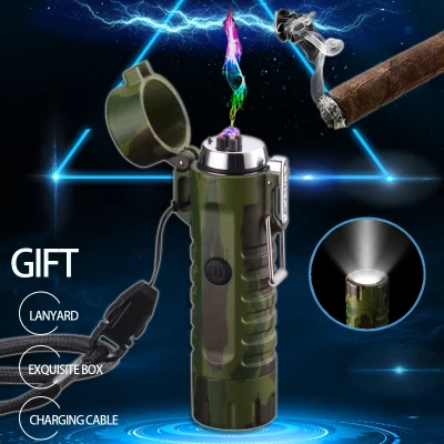 Green Flashlight Lighter Outdoor Waterproof Dual Arc Lighter Camouflage Green Rechargeable Zippo Style Windproof Plasma Arc Electronic Electric Lighter