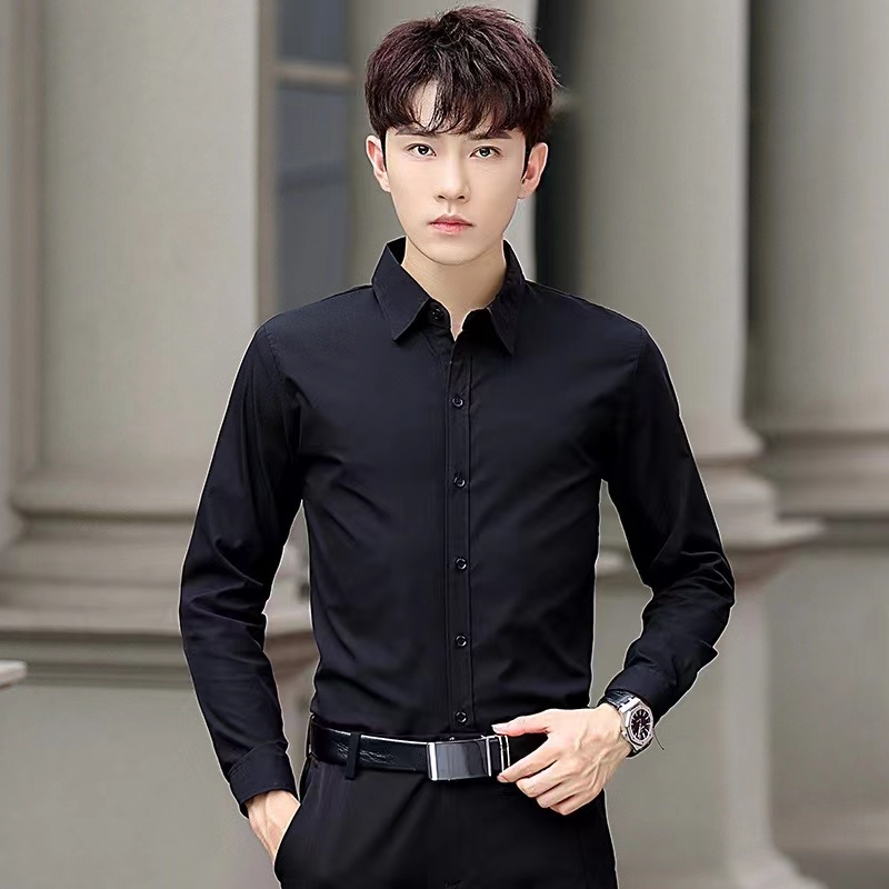 Mens Black Long Sleeve Shirt Classic Korean Men s Plain Casual Fashion 