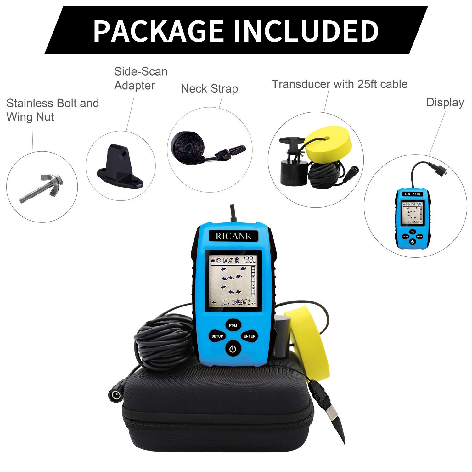 RICANK Portable Fish Finder with Hard Travel EVA Case, Handheld