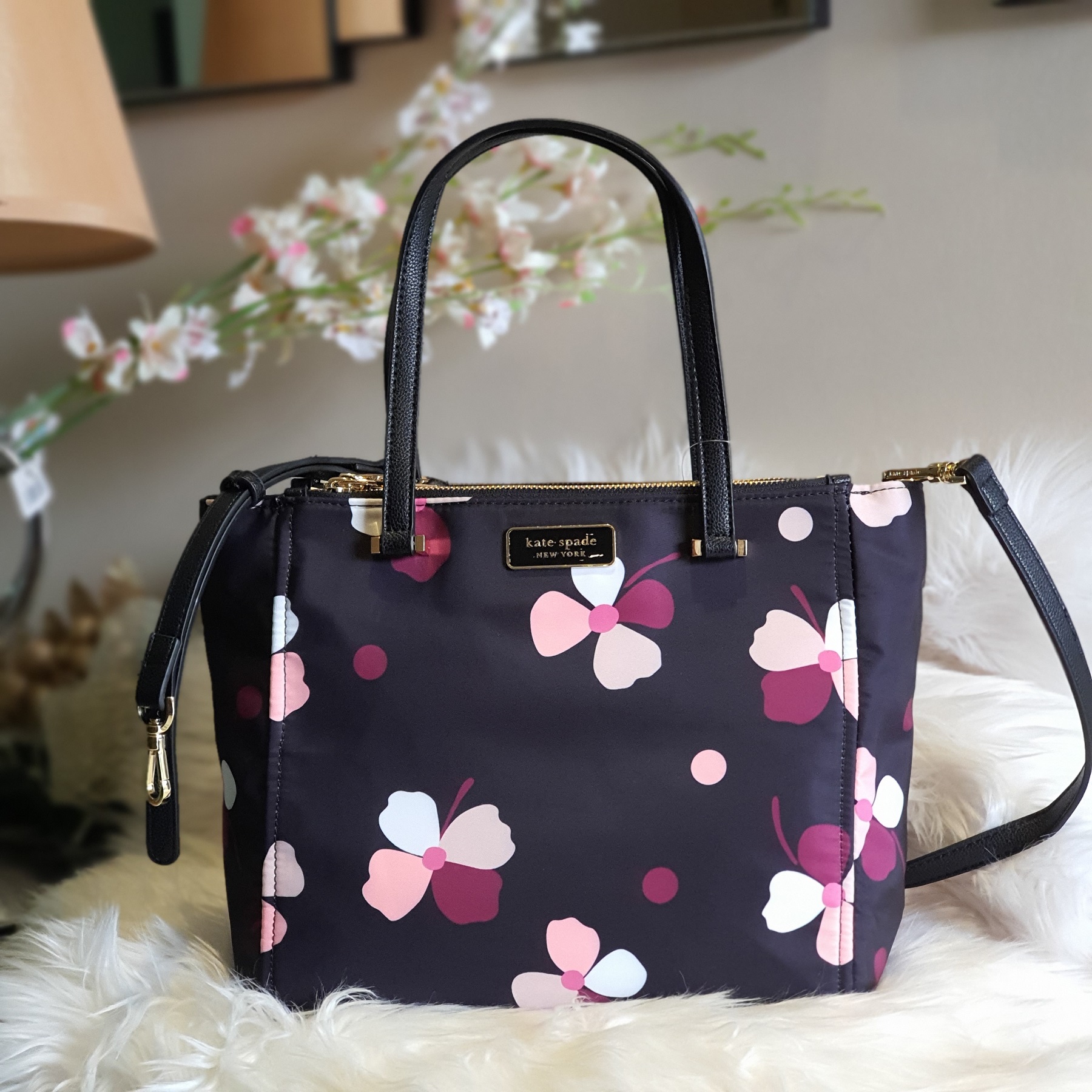 Guaranteed Original Kate Spade Black Daisy Flower Print Women's Tote Bag  with Sling Classic Medium Dawn Satchel Two Zip and Tab Closure Nylon Bag |  Lazada PH