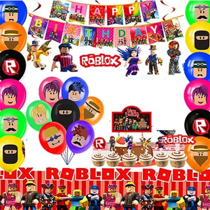 61 Pcs Robloxs Birthday Party Theme Luxurious Balloons Set With Happy Birthday Banner Table Cloth Cake - roblox birthday banner girl