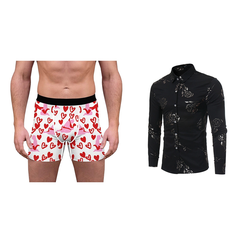Floral Men's Slim Rose Flower Print Shirt Social Shirt Black L with Underwear Men's Boxer Shorts Panties White Men L
