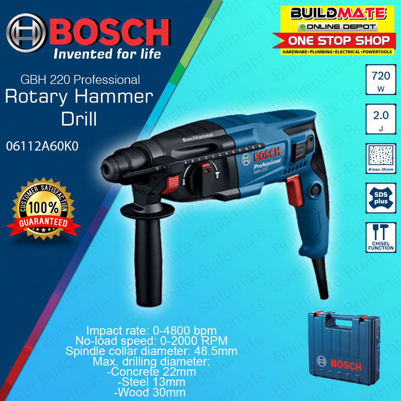 BOSCH Professional 720W 3 Mode Rotary Hammer Drill GBH 220 06112A60K0 ...