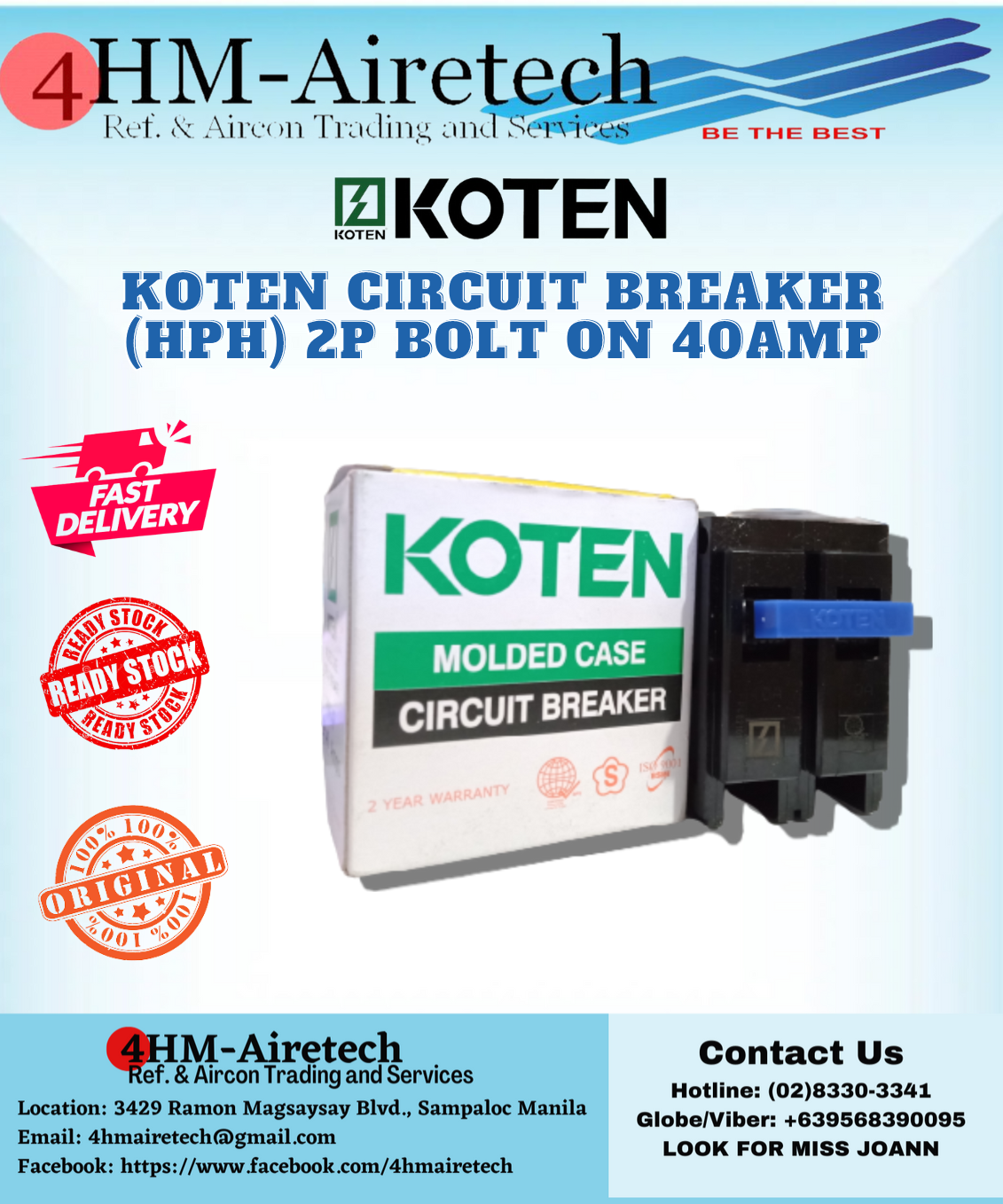 FOURHM KOTEN 40Amp Circuit Breaker (HPH) 2P Bolt On | Lazada PH