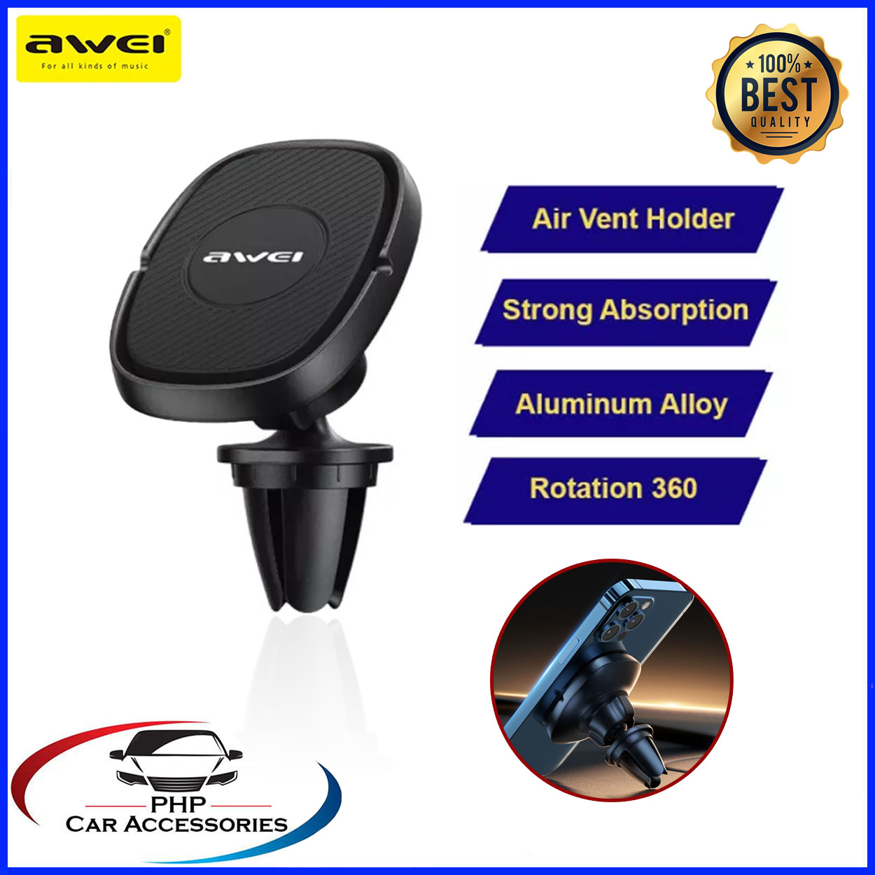 Awei X21 Magnetic Car Phone Holder Metal Universal Mini Stand Holder Car  Air Vent Mount Cars Holders Non-slip Silicone Protection