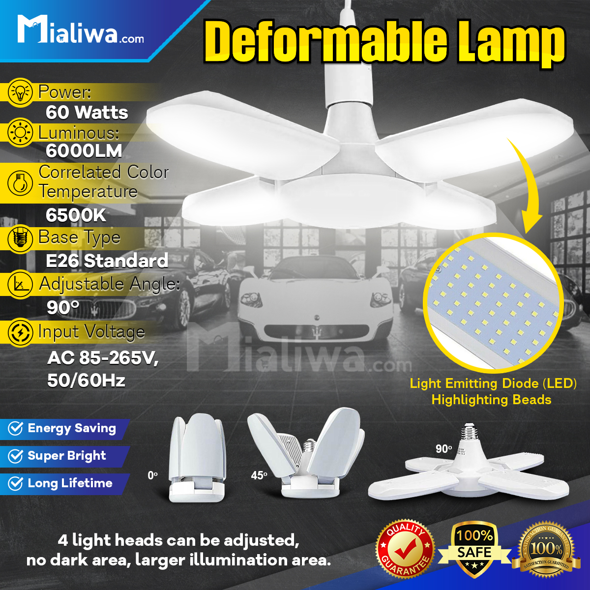 60W 4 Blade LED E27/B22 Bulb Garage Lights Home Ceiling Fixture Deformable Lamp 