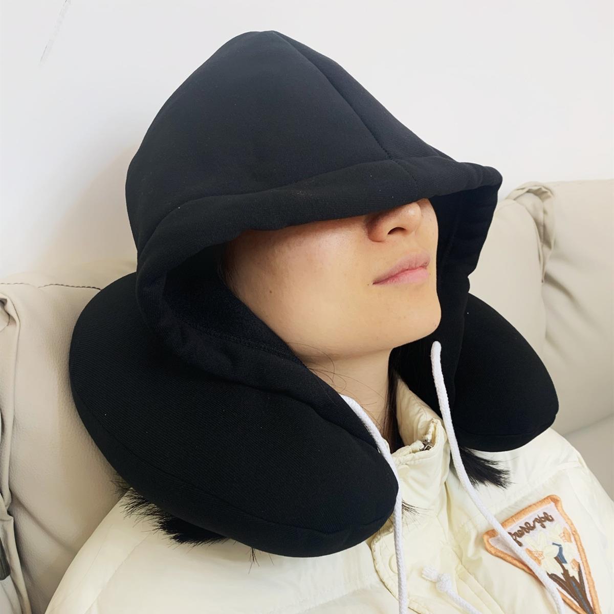 TRAVEL NECK PILLOW WITH HOODIE Sleeping Support Cervical Cushion For Adult Nap Airplane Travelling Comfortable With Hoodie U Shape Noon Break Neck Sleeping Cushion Airplane Pillow Head Rest Neck Pillo...