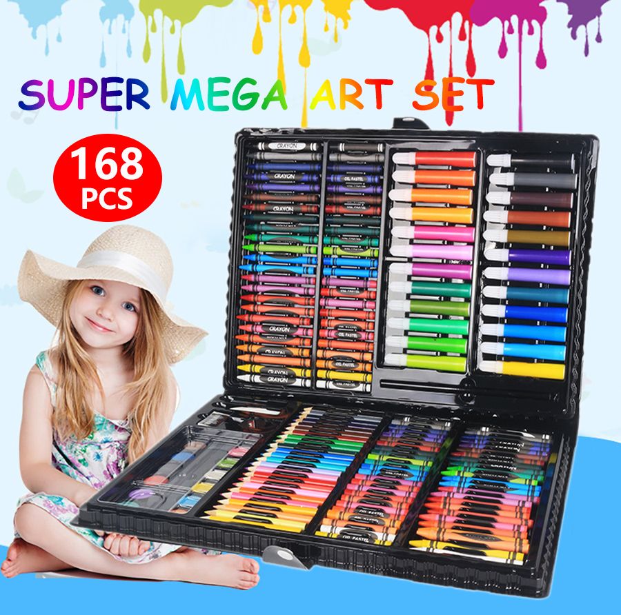 HappyDeals Super Mega Kid's ART Coloring Set  168 Pcs Super Mega Kid's ART Coloring  Set 168 Pcs Children Drawing Set Water Color Pen Crayon Oil Pastel Painting  Drawing Tool Art supplies