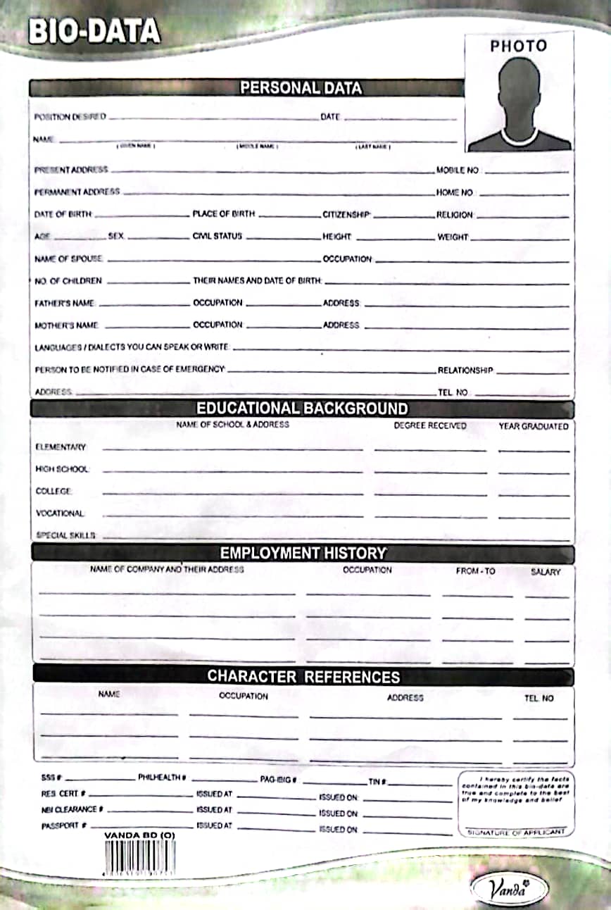 10 pcs biodata / resume form for jobseekers bttt-700 a4 bond paper