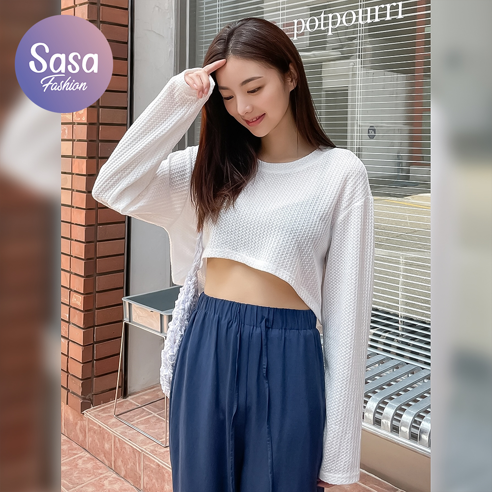 SASA Waffle Knit Long Sleeve Loose Fit Crop Top for Women KARLA Lazada PH