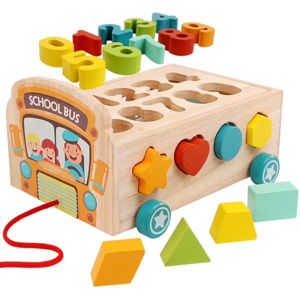Kids Wooden Drag Car Toys Geometric Shape Building Blocks Matching Toys Assembly School Bus Early Education Puzzle Toys