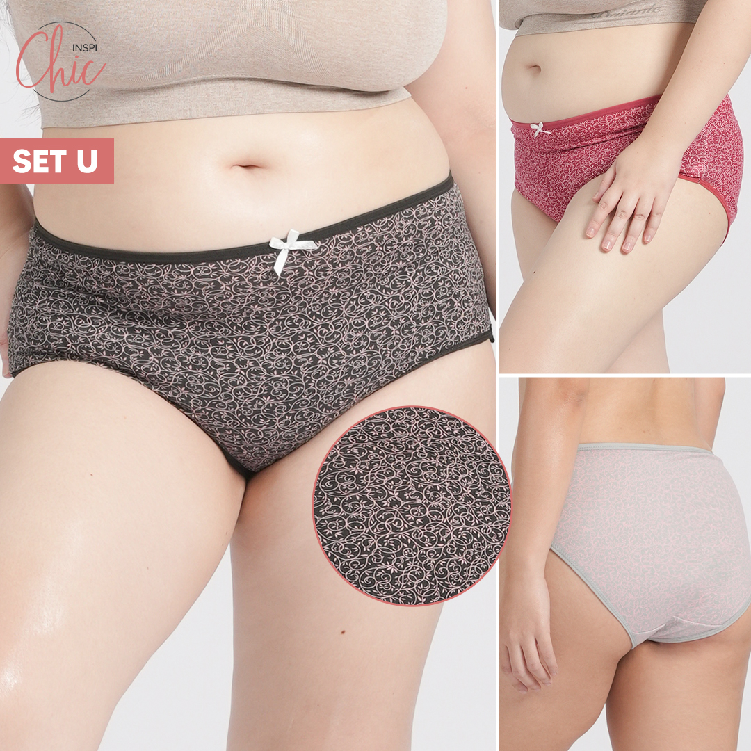 INSPI Chic 3pcs Panty for Women Plus Size Set Ribbon Printed or Plain Cotton  Underwear for Woman