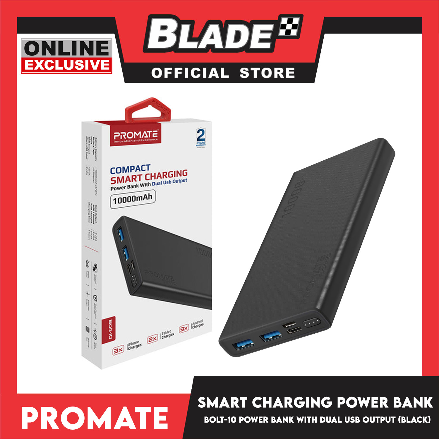 Promate Compact Smart Charging Power Bank With Dual USB Output 10000mAh