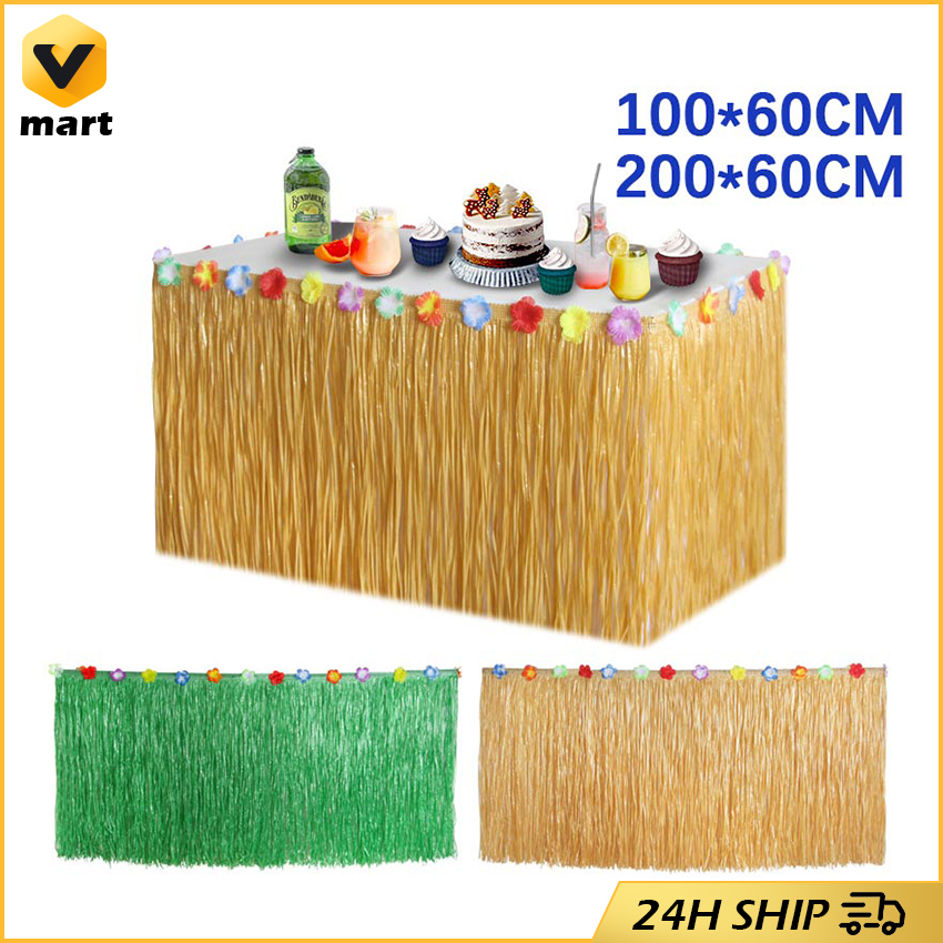 Straw Color Table Skirt For Tropical Hawaiian Party Decoration