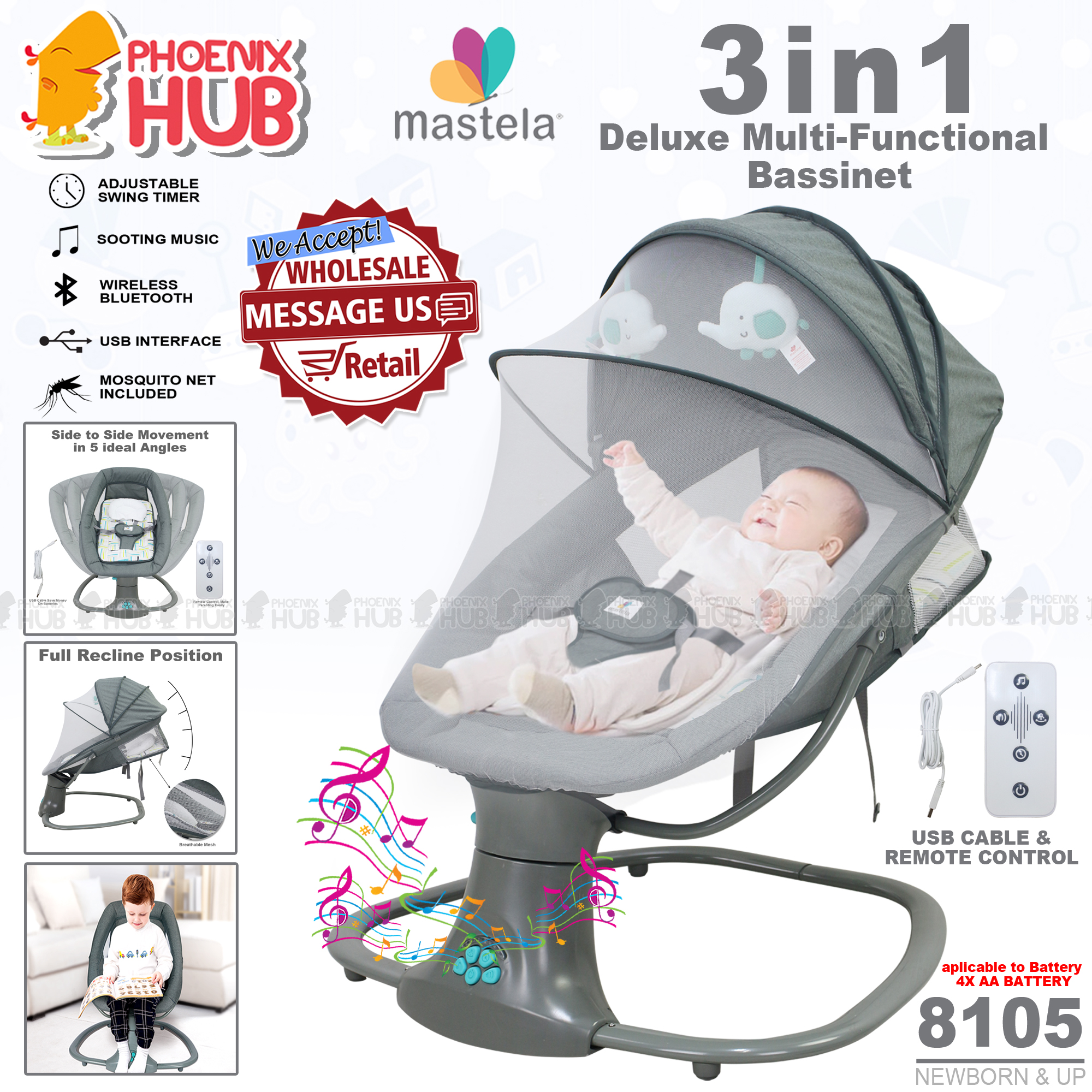 Phoenix Hub BY002N Newborn Baby Auto Swing Cradle Baby Swing Bed