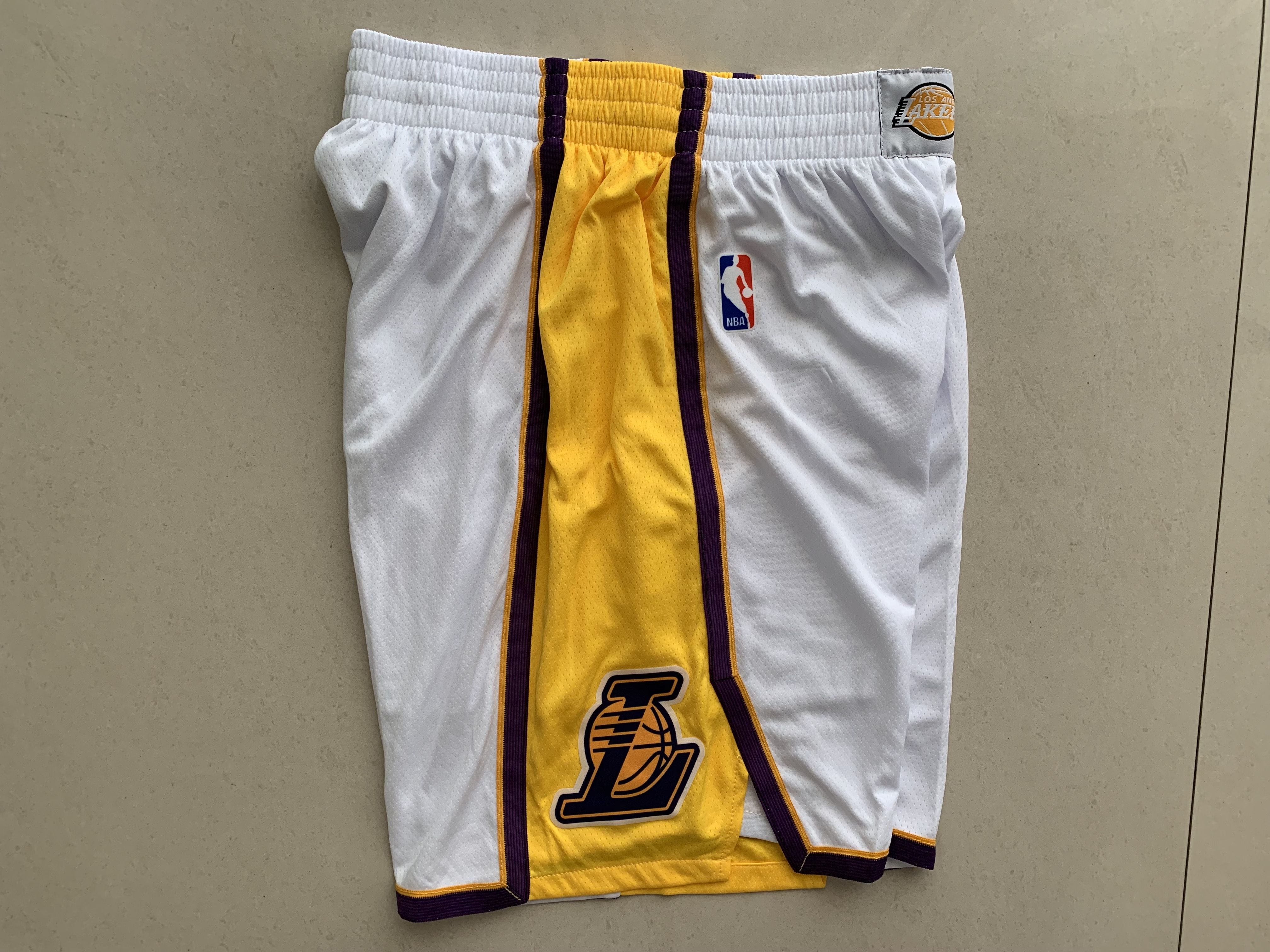 New Original Heat Pressed NBA Mens White Yellow White Blue Purple Black  Stripe Los Angeles Lakers City Edition Shorts Basketball Short