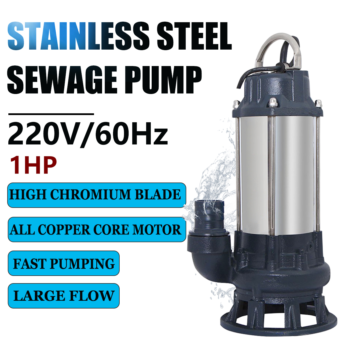 EURORECAR Submersible Pump 220V 1HP High Lift Flow Low Head Stainless