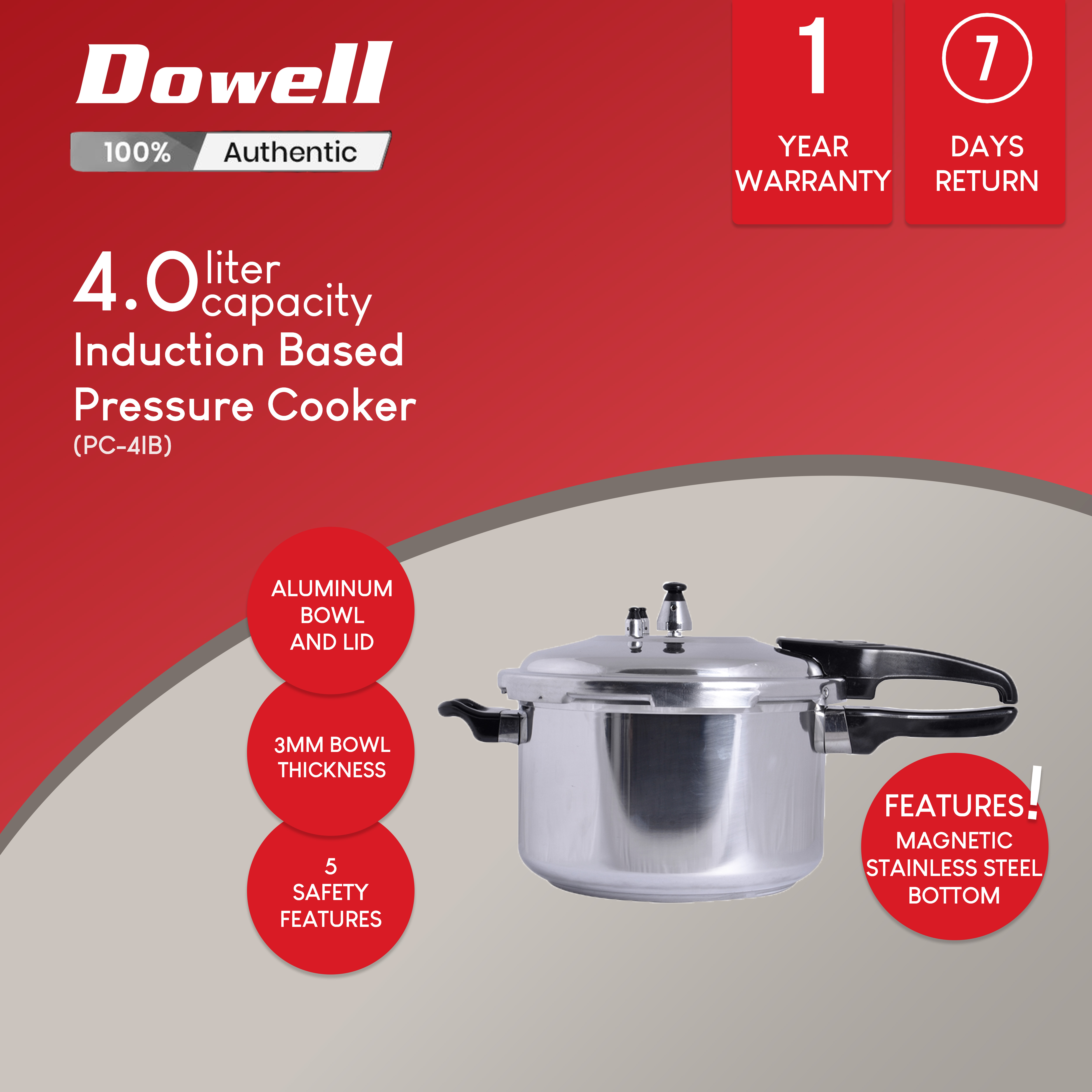 Dowell Aluminum Induction Based Pressure Cooker PC4IB Lazada PH
