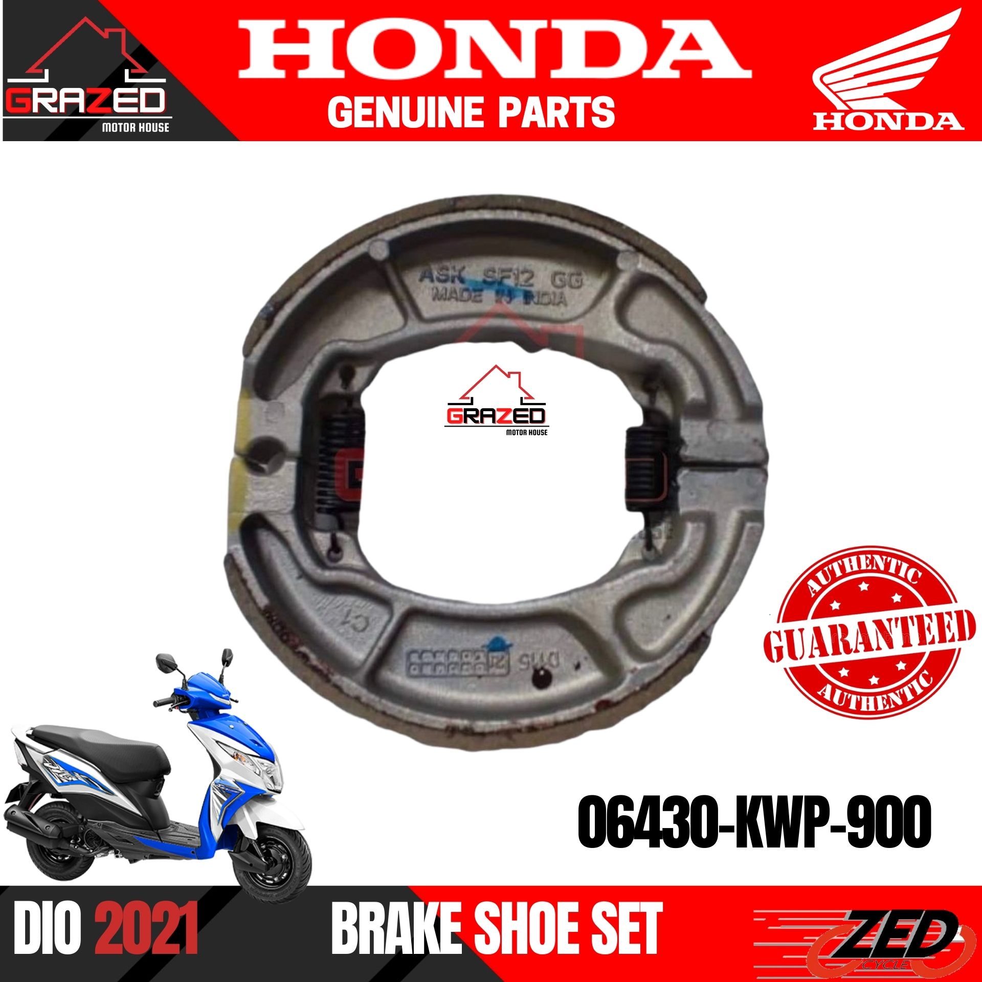BRAKE SHOE FRONT / REAR for Honda Dio 2021 (06430KWPD00) GENUINE