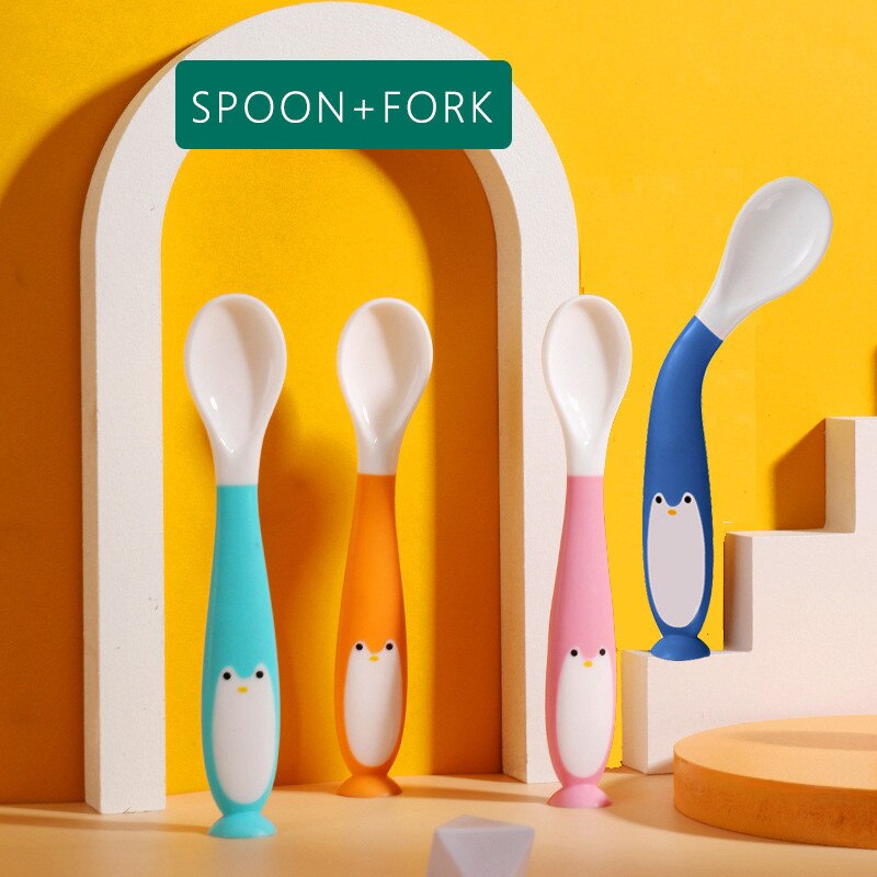 2PCS Silicone Spoon Fork for Baby Utensils Set Auxiliary Food Toddler Learn  To Eat Training Bendable Soft Fork Infant Tableware