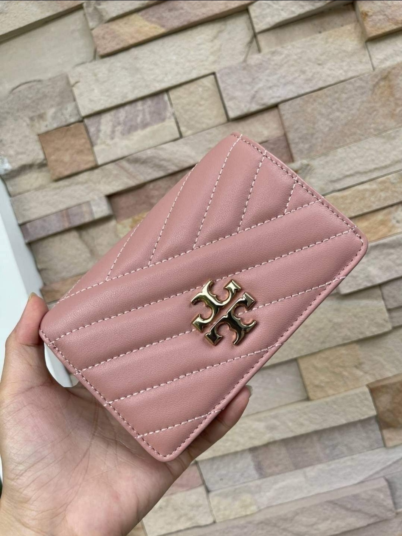 T.O.R.Y B.U.R.C.H 56607 Kira Chevron Medium Slim Wallet in Pink Moon Soft  Quilted Leather with Pin-snap Closure - Women's Bi-Fold Wallet