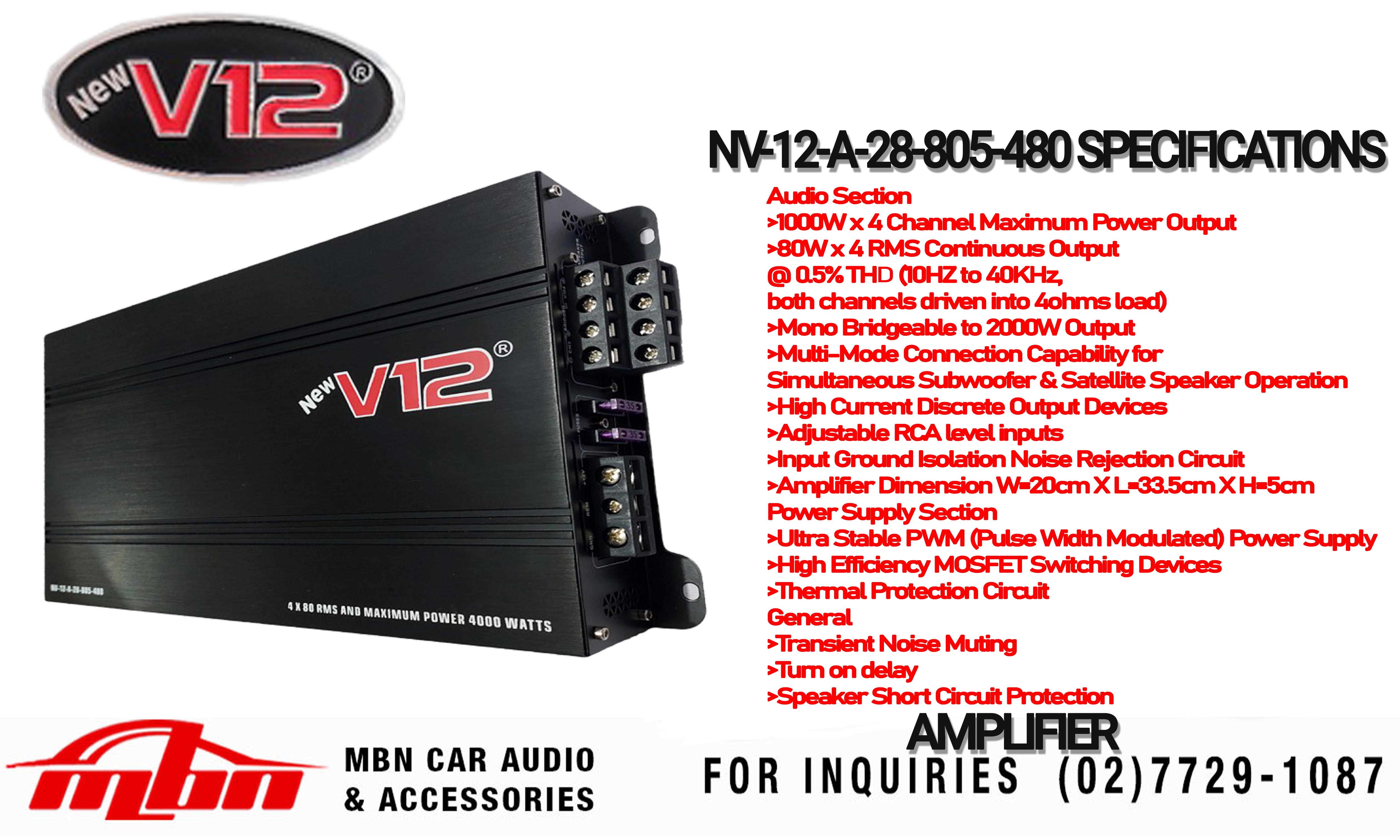 New V12 NV12A28805480 4/3/2/ Channel Power Amplifier 80w x 4, v12