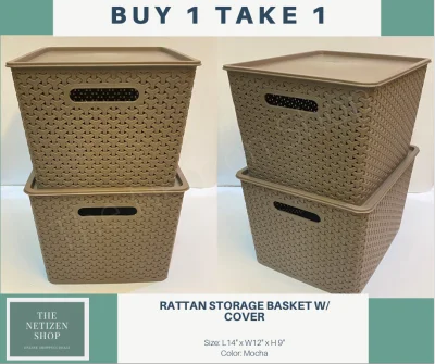 Rattan Style Plastic Storage Basket Container with Lid - Mocha - B