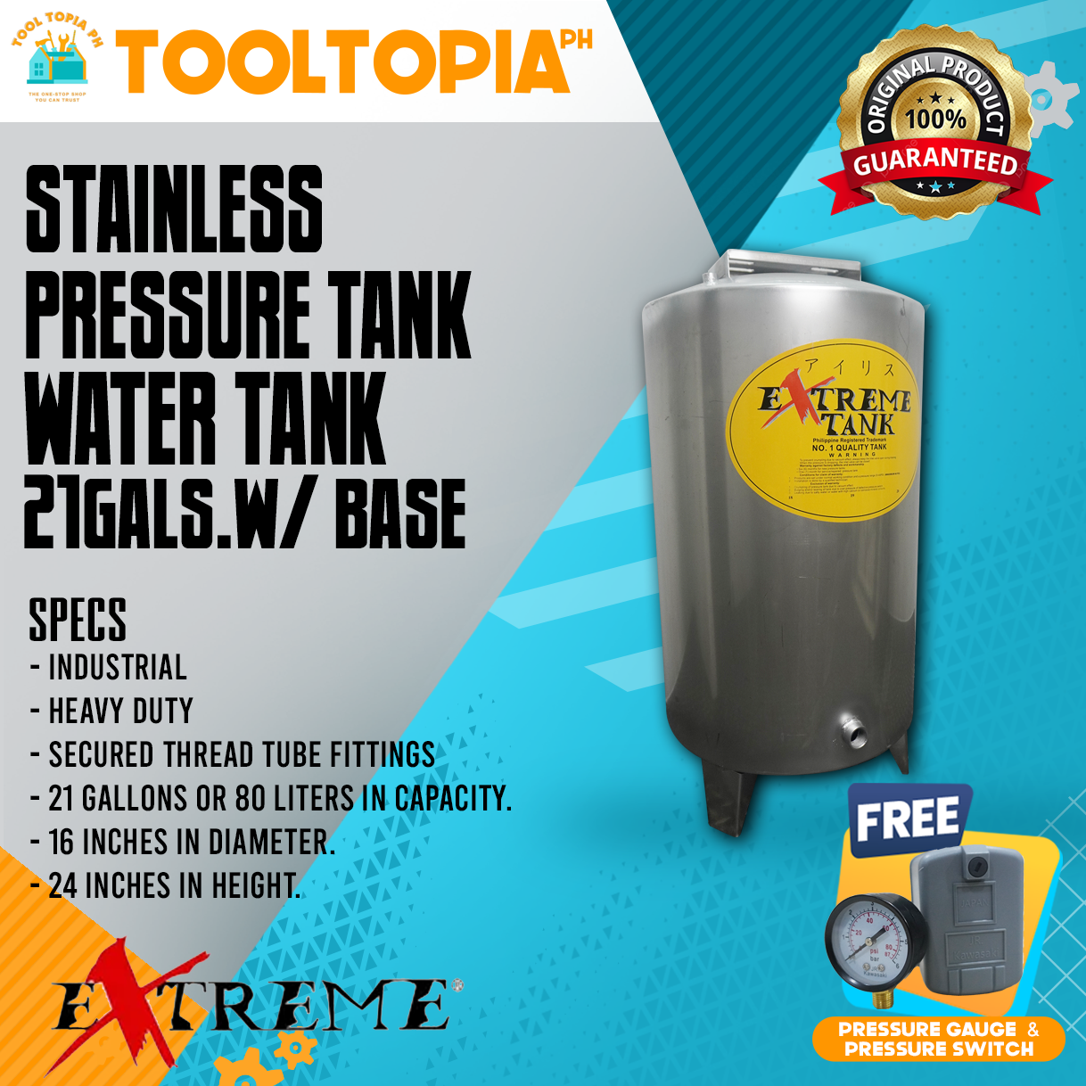 EXTREME NEW Stainless Pressure Tank Water Tank 21gals. with Base on Top